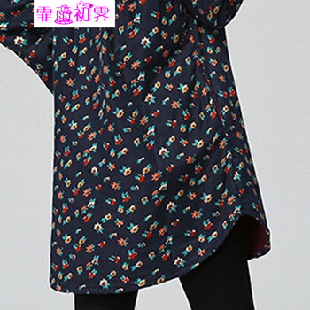 霏雨初霁2015秋冬长袖衬衫女夹棉文艺碎花大码中长款套头衬衣外套410 藏青色 L
