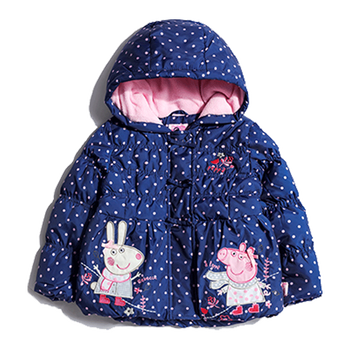小猪佩奇童装2017冬季女童连帽羽绒服卡通波点印花长袖外套 藏青色