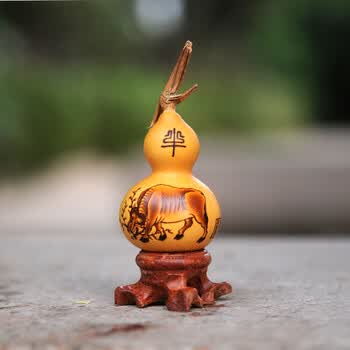 小葫芦纯人工烙画12生肖手文把玩件精品工艺礼品摆件葫芦 牛(带底座)