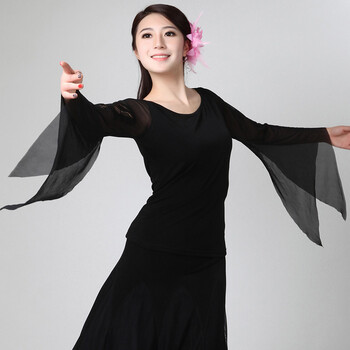 长袖交谊舞摩登舞衣女拉丁上衣黑色圆领 黑色开叉喇叭袖 l