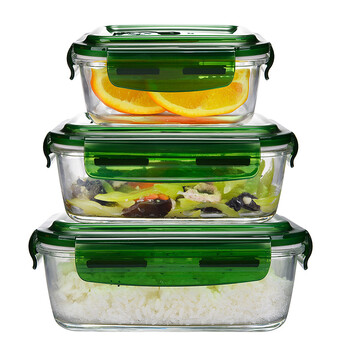 玻璃饭盒微波炉保鲜盒长方形圆形密封打包便当盒三件套 绿-正840 500
