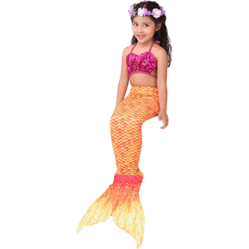 美人鱼服装鱼尾巴公主裙衣服 女童儿童美人鱼泳衣 黄色含上衣内裤鱼尾