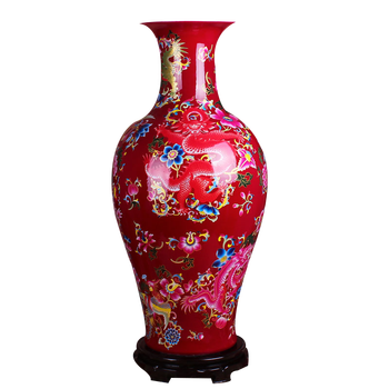 
                                        陶瓷家居摆件景德镇陶瓷红龙凤呈祥 简约现代鱼尾花瓶带底座 红色                