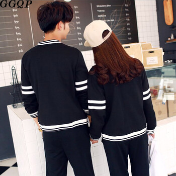 GGQP情侣装卫衣套装 韩版圆领印花套头棒球班服 三件套(上衣+裤子+外套) 女M