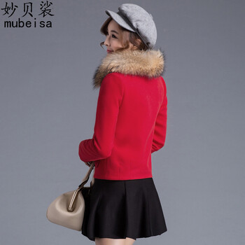妙贝裟 2015秋季新款短款纯色毛呢短外套 女 红色 L