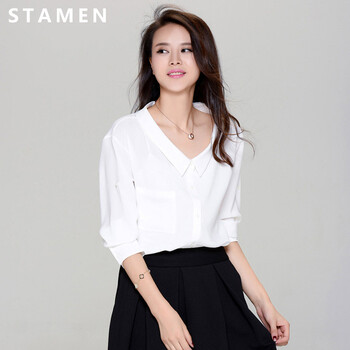 
                                        stamen心仪所选 丝质小立领珠扣千鸟格雪纺印花衬衫女长袖上衣衬衣2018春季新款修身显 千鸟格雅蓝的 M                