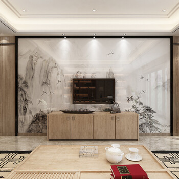 微晶石电视背景墙瓷砖新中式客厅现代简约影视墙边框装饰空山新雨