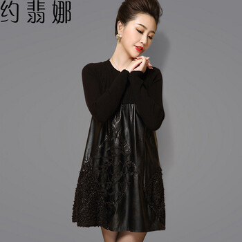 约翡娜 秋冬女装 20166新款大码女装蕾丝流苏拼皮Pu长袖针织连衣裙1044  黑色蕾丝1041 XXL