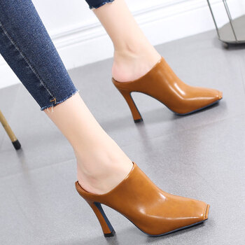 皇美粗跟高跟鞋女无后跟外出凉拖鞋鞋子女2018新款方头欧美风时尚女单