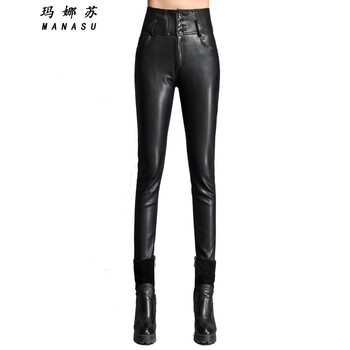 玛娜苏秋冬PU皮裤女大码高腰加绒裤修身打底小脚长裤1108 黑色 XL