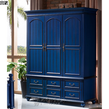 美式衣柜3三门大衣橱地中海2两门衣柜田园简约四五门蓝色卧室家具 深