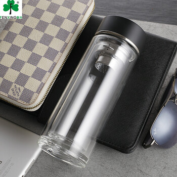 玻璃杯双层加厚杯底泡茶杯 水杯 方七夕 290ml 透明黑 fx1724