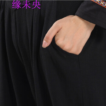 
                                        缘未央新款女装民族风灯笼裤刺绣棉麻宽松唐装中式绣花长裤子R2001C8035 黑色 L                