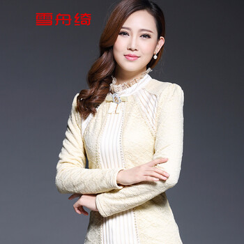 雪舟绮  2015秋冬新款女装雪纺衫大码上衣加绒加厚蕾丝衫女长袖打底衫A8806 黑色 M