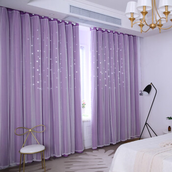 窗帘 公主风简约现代镂空星星短帘卧室遮光布成品 紫色 2.5宽x2.