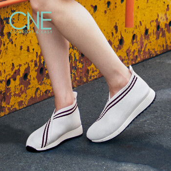 CNE休闲日系条纹圆头套脚中跟女短靴脚踝靴袜子靴小白鞋CNE 9T33501 白色 WTF 37