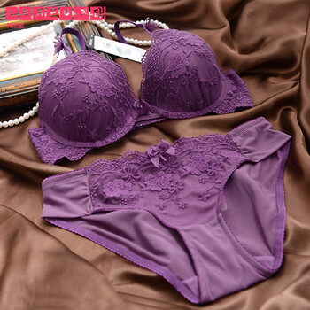小花立体刺绣文胸套装性感聚拢中厚款内衣胸罩整套紫色薄款文胸套装