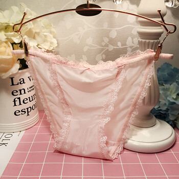 少女甜美褶皱绑带轻薄冰丝半透明性感蕾丝边纯棉档三角内裤女 粉色