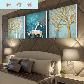 大气无框画客厅装饰画沙发背景墙北欧三联画方形挂画壁画 麋鹿金钱树