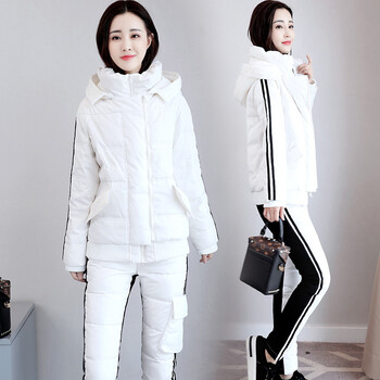 羽绒服衣裤两件套装女冬运动休闲女装加厚修身连帽外套滑雪服 白色 s