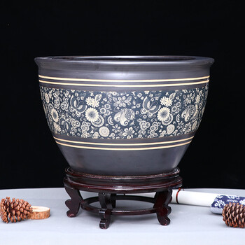 景德镇黑色创意陶瓷金鱼缸乌龟缸睡莲缸盆栽碗莲复古仿古花盆水缸