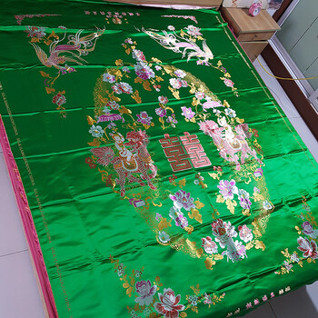 米菡家纺 杭州织锦丝绸被面结婚喜被子大红色绿色龙凤百子图全棉被