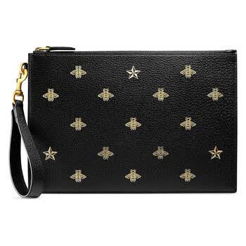 gucci 古驰手包 男士蜜蜂星星图案皮革手拿包495066 黑色495066 手拿
