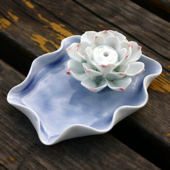 
                                        芳夕 莲花香插焚香炉 景德镇陶瓷 冰裂结晶釉 线香塔香锥香盘香座 莲花香插座宝蓝                