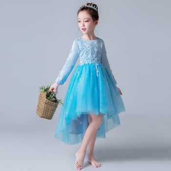 品牌童装 拖尾女童公主裙红色燕尾长袖花童婚纱晚礼服儿童钢琴演出服