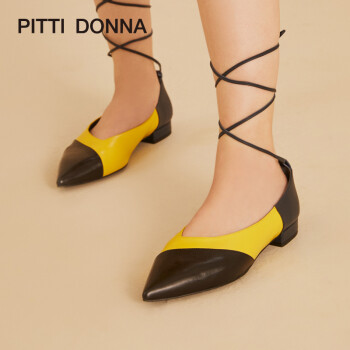 【惠】PITTI DONNA 新款女鞋尖头套脚拼色脚腕绑带低跟单鞋PD 9T19612 黑色+黄色+蓝色 YEK 37