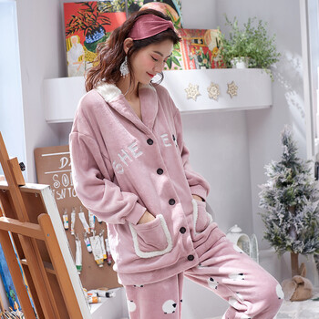 京东优选卡通连体睡衣女冬珊瑚绒睡衣女冬加厚韩版开衫珊瑚绒家居服