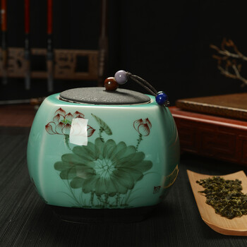 御泉茶叶罐陶瓷手绘荷花普洱罐存茶罐大号精品手工茶盒醒茶罐密封罐 款式二