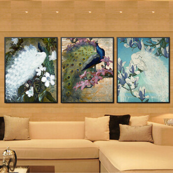 
                                        格丽 东南亚风格现代装饰画客厅沙发背景墙壁挂画三联餐厅艺术油画家居家饰卧室有框画 动物孔雀 孔雀系列-三联画 50*60cm                