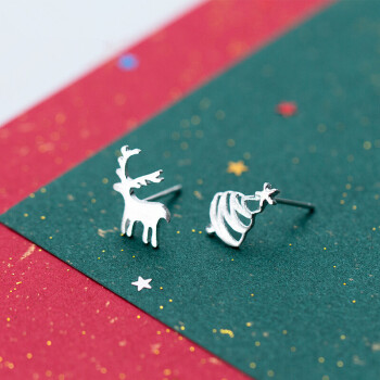 美芙尼 S925银耳钉女 韩国个性可爱拉丝圣诞树麋鹿不对称耳环耳饰品礼物 圣诞树麋鹿不对称 一对