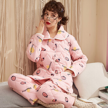 【京东精选】睡衣女秋纯棉 长袖厚款睡衣女秋冬款三层加厚夹棉长袖