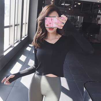 精品好货 抖音同款性感露脐v领运动长袖女速干跑步t恤弹力紧身衣瑜伽