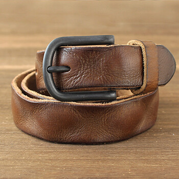 头层纯牛皮针扣皮带男士青年休闲真皮腰带女复古时尚牛仔裤带 卡其色