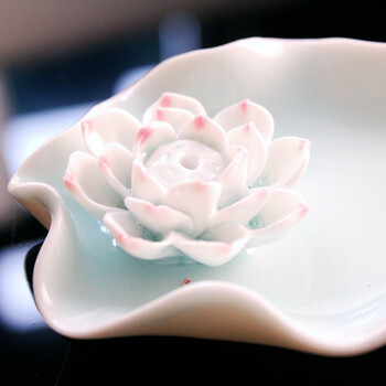川岛屋 日式陶瓷莲花香插香炉 线香盘香薰香座 装饰品 荷叶款宝蓝
