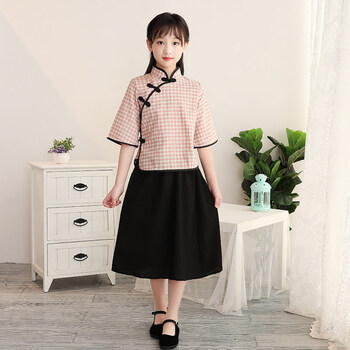 儿童民学生装童装演出服女童古装民风套装朗诵大合唱表演服装 粉红色