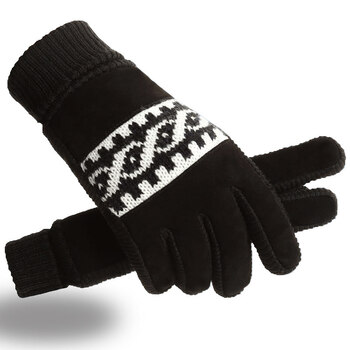 保暖加厚防风防滑真皮手套分指摩托车骑行开车棉手套 黑白图案款-黑色