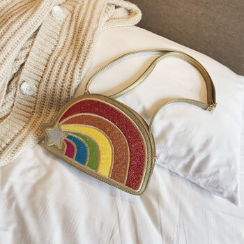 小憨象 包包女新款时尚彩虹包条纹单肩包斜挎包休闲百搭森系潮包 金色