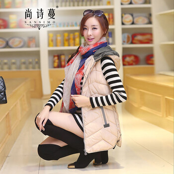 尚诗蔓2015秋冬新款时尚韩版修身中长款羽绒棉马甲女 米色 L