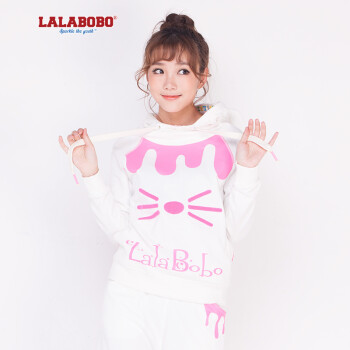 潮 LALABOBO  秋冬女装加绒连帽卫衣 可爱小猫滴油套装-上衣 白色 S