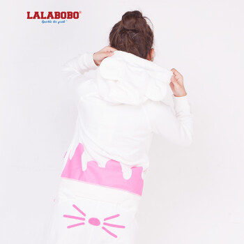 潮 LALABOBO  秋冬女装加绒连帽卫衣 可爱小猫滴油套装-上衣 白色 S