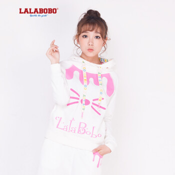潮 LALABOBO  秋冬女装加绒连帽卫衣 可爱小猫滴油套装-上衣 白色 S