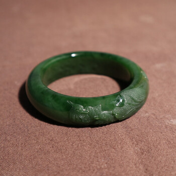 【百年好合】和田玉老坑碧玉阳绿鸳鸯雕花手镯女镯玉镯子内径51mm