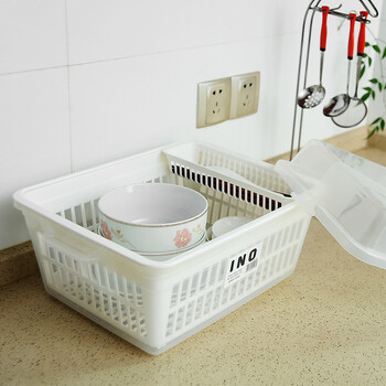 inomata 日本进口塑料带盖厨房沥水架 碗碟收纳架 厨房必备多功能餐具收纳碗架 白色