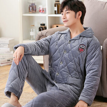 【京东精选】 男士睡衣秋冬季珊瑚绒三层夹棉加厚加绒冬款保暖