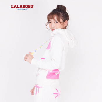 潮 LALABOBO  秋冬女装加绒连帽卫衣 可爱小猫滴油套装-上衣 白色 S