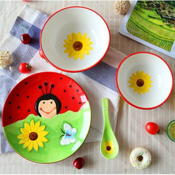 儿童釉下彩餐具陶瓷可爱卡通面碗盘手绘动物碗= 金龟子4件套碗 勺